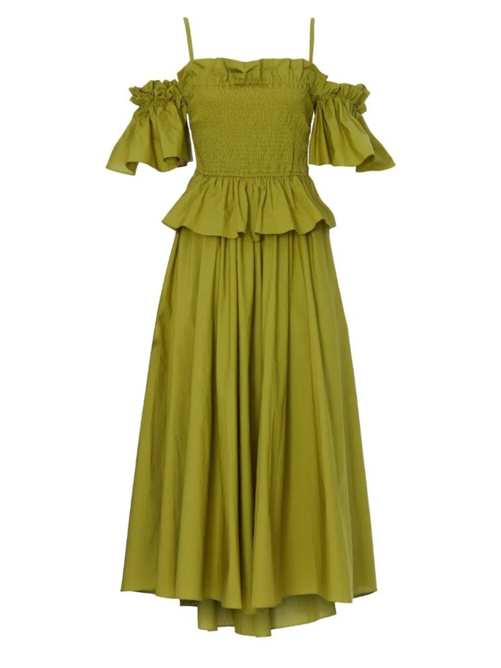 TOCCIN Flounced Green Dress Midi Maxi Puff sleeve Tiered Ruffles Off shoulder S